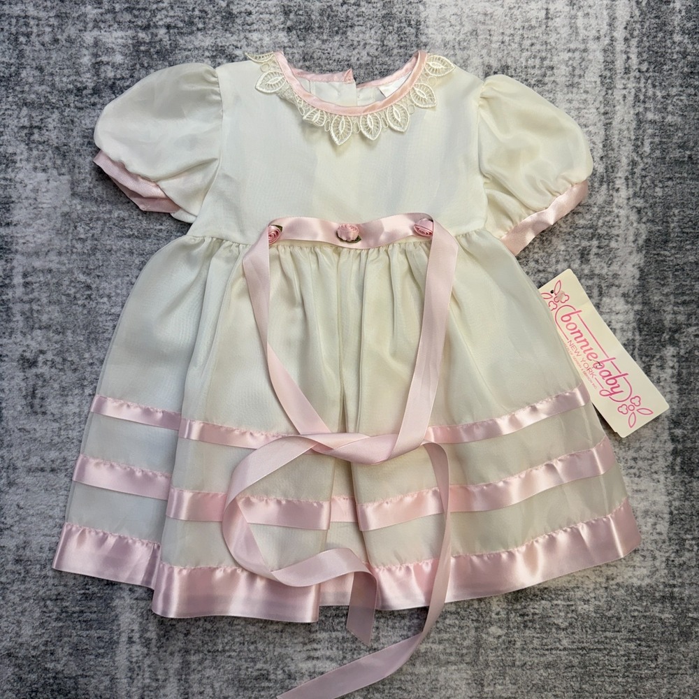 Vintage Bonnie Baby Dress 24MO Ivory Pink Tie Special Occasion Church Wedding